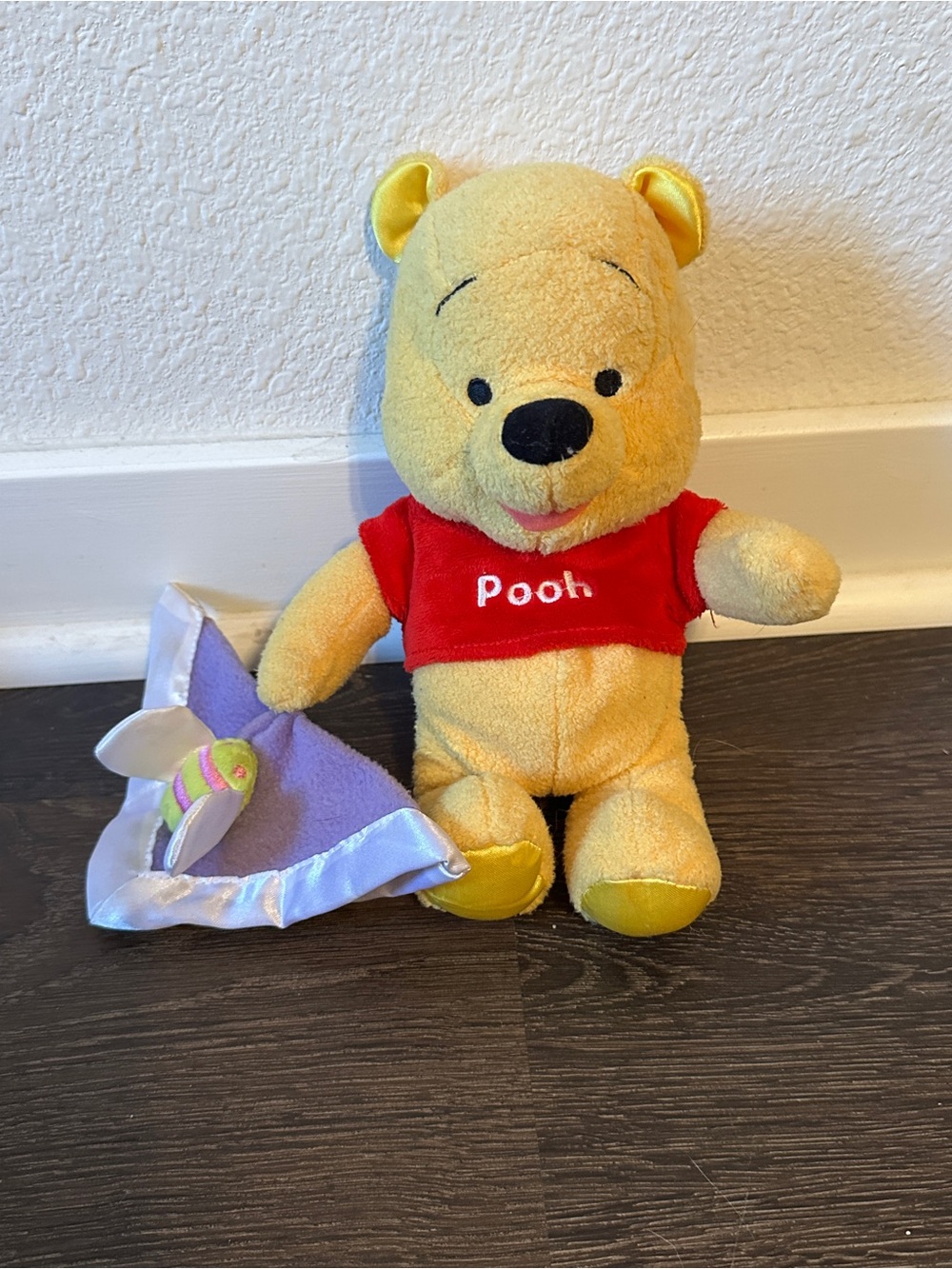 Original Disney Plush Rattle Winnie The Pooh With Lovey Blanket With Honey Bee